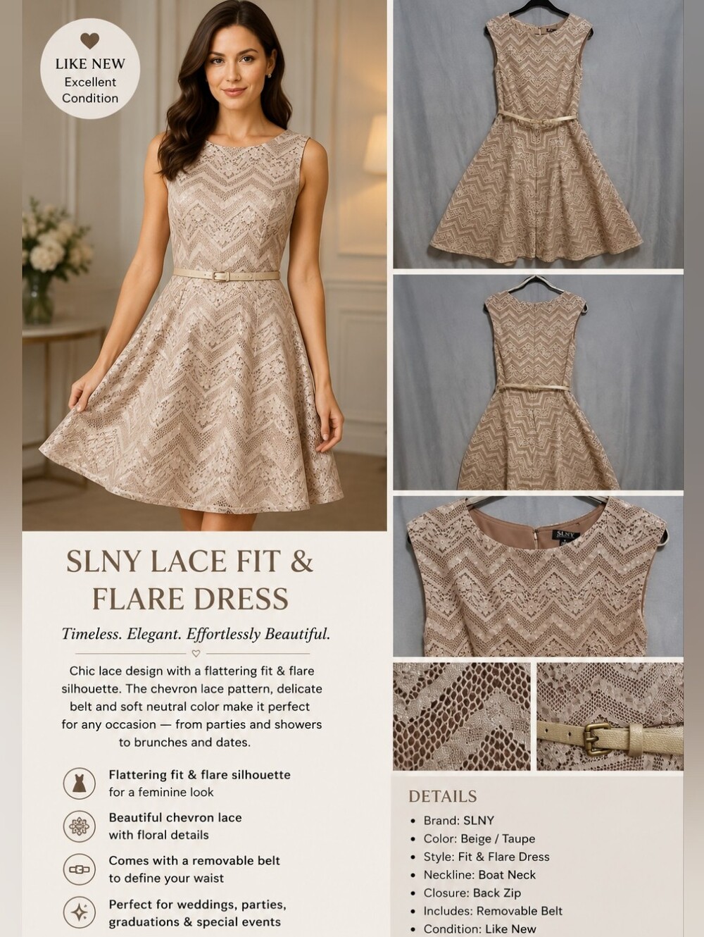 Sleeveless Lace Dress, Size 8, Zipper on Back, Tan Color, Tan/Gold Color
